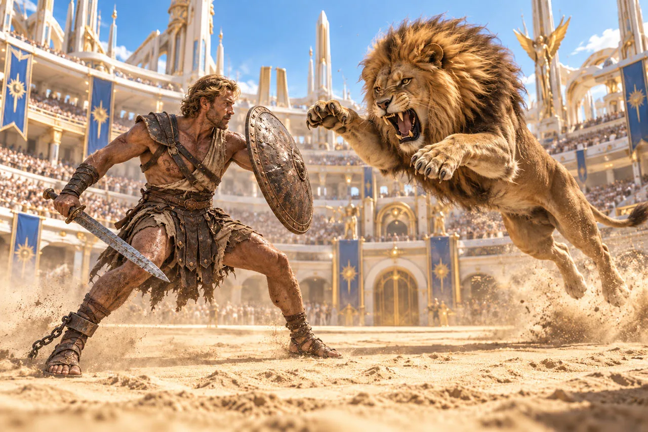 Eilian affronte un lion dans l’arène