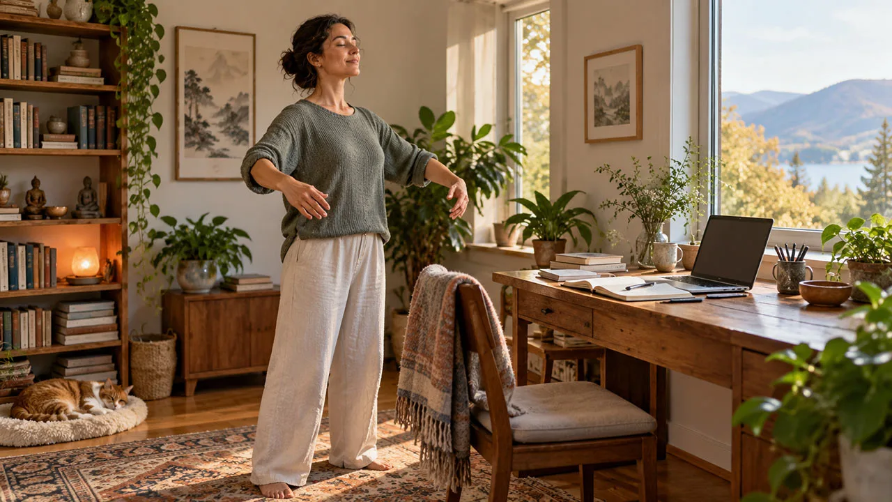 Une écrivaine pratique le qi gong dans son bureau, près de son ordinateur et de ses livres, pour détendre son corps après une séance d’écriture.