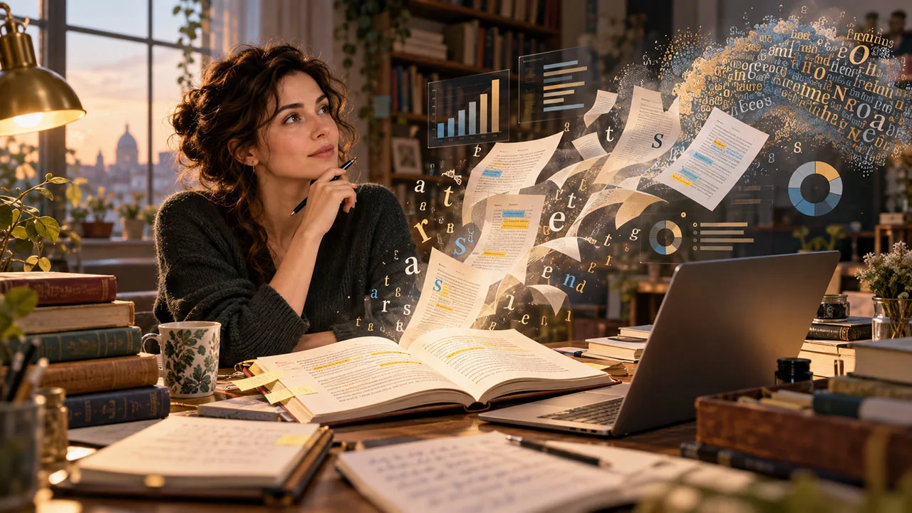 Autrice analysant la richesse lexicale de son roman, entourée de pages de manuscrit, de mots et de graphiques illustrant la diversité du vocabulaire